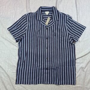 J Crew Shirt Mens XL Navy Blue‎ Striped Textured Camp Sweater Button Up Casual